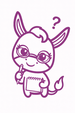 Purple cartoon character with glasses and a question mark above its head on a white background