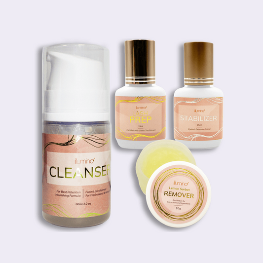 1 × Lash Cleanser - Professional 1 ×&nbsp;Lemon Sorbet Cream Adhesive Remover 1 ×&nbsp;Lash Stabilizer 1 ×&nbsp;illumino® Lash Prep